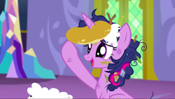 Size: 1440x811 | Tagged: safe, screencap, character:twilight sparkle, character:twilight sparkle (alicorn), species:alicorn, species:pony, episode:castle sweet castle, g4, my little pony: friendship is magic, cute, female, food, horn impalement, i'm pancake, mare, messy mane, pancakes, sheepish grin, solo, stick, twiabetes, whipped cream