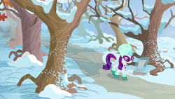 Size: 1440x810 | Tagged: safe, screencap, character:rarity, species:pony, species:unicorn, episode:best gift ever, g4, my little pony: friendship is magic, bare tree, clothing, female, glasses, hat, magic, magic aura, mare, oak tree, paper, path, snow, solo, sweet acorn orchard, telekinesis, tree, winter