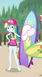 Size: 298x543 | Tagged: safe, screencap, character:rainbow dash, episode:blue crushed (a.k.a baewatch), g4, my little pony:equestria girls, barefoot, belly button, bikini, bikini top, board shorts, cap, clothing, cropped, cute, dashabetes, feet, female, geode of super speed, hat, hips, legs, magical geodes, midriff, sexy, shorts, solo focus, surfboard, swimming trunks, swimsuit