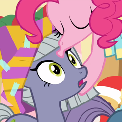 Size: 1300x1300 | Tagged: safe, screencap, character:limestone pie, character:pinkie pie, species:earth pony, species:pony, episode:best gift ever, g4, my little pony: friendship is magic, context is for the weak, cropped, cute, duo focus, explicit source, female, forehead kiss, great moments in animation, kissing, not salmon, not what it looks like, out of context, pie sisters, platonic kiss, siblings, sisterly love, sisters, succ, wat