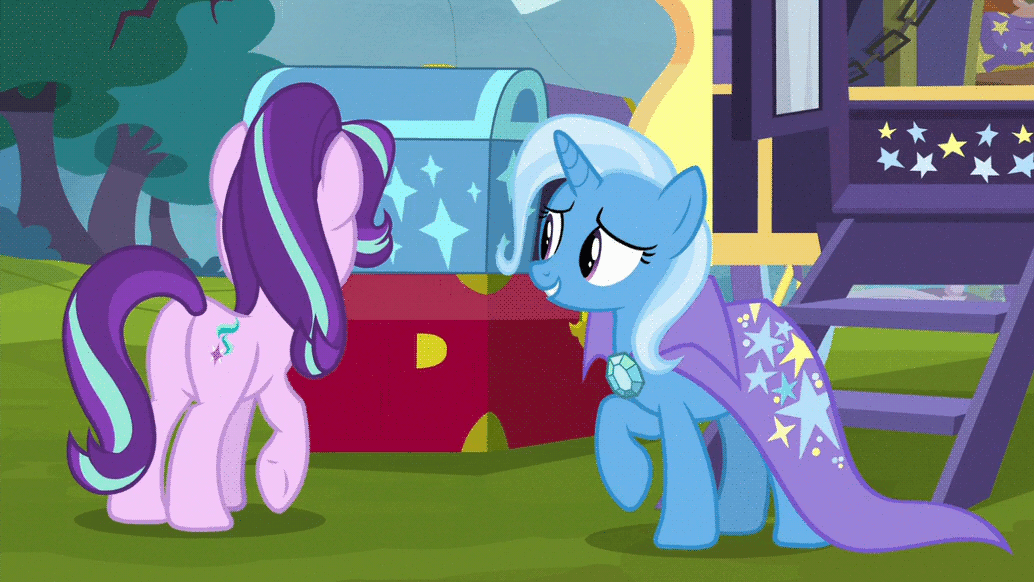 Size: 1034x582 | Tagged: safe, screencap, character:starlight glimmer, character:trixie, species:pony, species:unicorn, episode:on the road to friendship, animated, chest, cute, dancing, duo, gif, glimmerbetes, happy, loop, meadow, smiling, tree, trixie's wagon