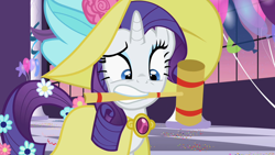Size: 1280x720 | Tagged: safe, screencap, character:rarity, species:pony, species:unicorn, episode:sweet and elite, g4, my little pony: friendship is magic, amulet, balloon, clothing, croquet mallet, dress, fancy, female, flower, flower in hair, flower in tail, hat, jewelry, mare, mouth hold, raised eyebrow, shocked, solo, sun hat