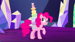 Size: 1440x809 | Tagged: safe, screencap, character:pinkie pie, species:earth pony, species:pony, episode:castle sweet castle, g4, my little pony: friendship is magic, cake, colorful, eyes closed, female, food, mare, raised hoof, seven-layer what's-that-flavour mystery surprise, smiling, solo