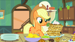 Size: 1440x811 | Tagged: safe, screencap, character:applejack, species:earth pony, species:pony, episode:bloom and gloom, g4, my little pony: friendship is magic, bowl, breakfast, chocolate chips, dishes, dream, female, food, lemon, mare, muffin, pancakes, smiling, solo, whipped cream
