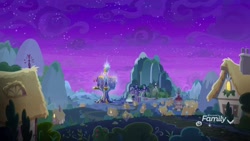 Size: 1920x1080 | Tagged: safe, screencap, episode:school raze, g4, my little pony: friendship is magic, discovery family logo, night, no pony, ponyville, ponyville town hall, scenery, school of friendship, town, twilight's castle