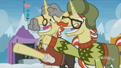 Size: 1348x758 | Tagged: safe, screencap, character:flam, character:flim, episode:best gift ever, g4, my little pony: friendship is magic, clothing, discovery family logo, disguise, duo, fake moustache, fake smile, flim flam brothers, glasses, grin, nervous, nervous grin, paper-thin disguise, raised hoof, smiling, sweater, wig