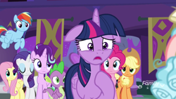 Size: 1920x1080 | Tagged: safe, screencap, character:applejack, character:cozy glow, character:fluttershy, character:pinkie pie, character:rainbow dash, character:rarity, character:spike, character:starlight glimmer, character:twilight sparkle, character:twilight sparkle (alicorn), species:alicorn, species:dragon, species:earth pony, species:pegasus, species:pony, species:unicorn, episode:school raze, g4, my little pony: friendship is magic, courtyard, disappointed, female, filly, floppy ears, male, mane eight, mane seven, mane six, mare, night, open mouth, raised eyebrow, raised hoof, sad, school of friendship, winged spike