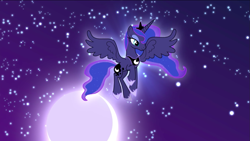 Size: 1437x811 | Tagged: safe, screencap, character:princess luna, species:alicorn, species:pony, episode:bloom and gloom, g4, my little pony: friendship is magic, dream, dream walker luna, ethereal mane, female, flying, galaxy mane, mare, moon, night, solo, spread wings, stars, wings