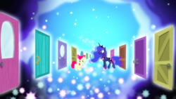 Size: 1440x810 | Tagged: safe, screencap, character:apple bloom, character:princess luna, species:alicorn, species:earth pony, species:pony, episode:bloom and gloom, g4, my little pony: friendship is magic, door, dream doors, dream realm, dream walker luna, duo, ethereal mane, female, filly, galaxy mane, mare