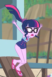 Size: 403x596 | Tagged: safe, screencap, character:twilight sparkle, character:twilight sparkle (scitwi), species:eqg human, episode:unsolved selfie mysteries, g4, my little pony:equestria girls, clothing, cropped, feet, female, flip-flops, geode of telekinesis, glasses, legs, magical geodes, ponytail, sandals, shrunken pupils, solo, swimsuit