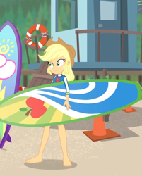 Size: 456x567 | Tagged: safe, screencap, character:applejack, episode:blue crushed (a.k.a baewatch), g4, my little pony:equestria girls, applejack's hat, barefoot, clothing, cowboy hat, cropped, feet, female, geode of super strength, hat, legs, magical geodes, solo, surfboard, swimsuit