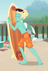 Size: 369x548 | Tagged: safe, screencap, character:zephyr breeze, episode:blue crushed (a.k.a baewatch), g4, my little pony:equestria girls, barefoot, beach, clothing, cropped, eyes closed, feet, gladys, legs, male, manbun, partial nudity, shorts, smiling, solo, sunglasses, surfboard, swimming trunks, topless, zephyrbetes
