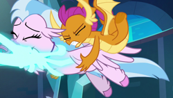 Size: 1280x720 | Tagged: safe, screencap, character:silverstream, character:smolder, species:classical hippogriff, species:dragon, species:hippogriff, episode:school raze, g4, my little pony: friendship is magic, dragoness, duo, eyes closed, female, hand, magic, magic hands, out of context