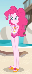Size: 235x540 | Tagged: safe, screencap, character:pinkie pie, episode:unsolved selfie mysteries, g4, my little pony:equestria girls, clothing, cropped, feet, female, flip-flops, geode of sugar bombs, legs, magical geodes, sandals, swimsuit