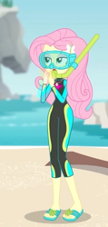 Size: 258x540 | Tagged: safe, screencap, character:fluttershy, episode:unsolved selfie mysteries, g4, my little pony:equestria girls, clothing, cropped, feet, female, geode of fauna, magical geodes, sandals, snorkel, solo, swimsuit, wetsuit