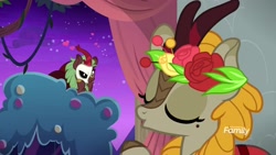Size: 1920x1080 | Tagged: safe, screencap, character:cinder glow, character:fall flower, character:summer flare, species:kirin, episode:sounds of silence, g4, my little pony: friendship is magic, background kirin, duo, eyes closed, female, floral head wreath, flower, heart, mask, open mouth, opera, phantom of the opera, shipping fuel