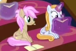 Size: 321x214 | Tagged: safe, screencap, character:strawberry scoop, character:summer meadow, species:alicorn, species:pegasus, species:pony, episode:what lies beneath, g4, my little pony: friendship is magic, alicornified, animation error, background pony, book, cropped, duo focus, female, friendship student, glowing horn, levitation, magic, magic aura, mare, race swap, sitting, spot the alicorn, summercorn, telekinesis