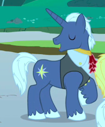 Size: 252x304 | Tagged: safe, screencap, character:blue moon (g4), species:pony, species:unicorn, episode:the best night ever, g4, my little pony: friendship is magic, background pony, clothing, cropped, eyes closed, male, raised hoof, solo focus, stallion