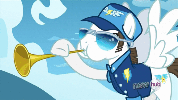 Size: 576x324 | Tagged: safe, screencap, character:fast clip, character:spitfire, species:pegasus, species:pony, episode:wonderbolts academy, animated, annoyed, clothing, female, male, manerick, mare, musical instrument, stallion, stop it, sunglasses, trumpet, uniform, whiplash, wonderbolts dress uniform