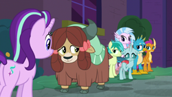 Size: 1280x720 | Tagged: safe, screencap, character:gallus, character:ocellus, character:sandbar, character:silverstream, character:smolder, character:starlight glimmer, character:yona, species:changedling, species:changeling, species:dragon, species:earth pony, species:griffon, species:hippogriff, species:pony, species:reformed changeling, species:unicorn, species:yak, episode:school raze, g4, my little pony: friendship is magic, bow, cloven hooves, dragoness, female, hair bow, male, mare, monkey swings, plot, student six, teenager