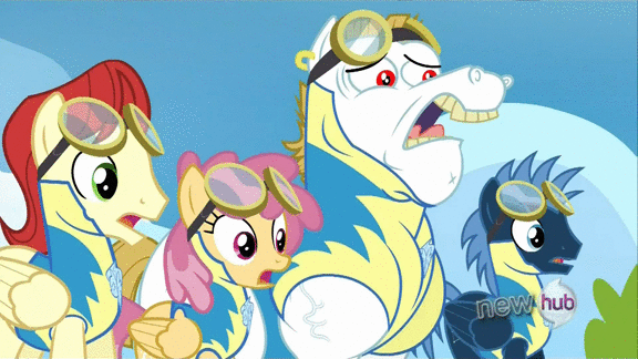 Size: 576x324 | Tagged: safe, screencap, character:bulk biceps, character:cool star, character:dizzy twister, character:orange swirl, character:star hunter, character:starburst, species:pegasus, species:pony, episode:wonderbolts academy, angry, animated, background pony, disgusted, female, male, mare, reaction image, roid rage, shock, stallion, wonderbolt trainee uniform