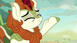 Size: 1920x1080 | Tagged: safe, screencap, character:autumn blaze, species:kirin, episode:sounds of silence, g4, my little pony: friendship is magic, eyes closed, solo