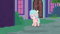 Size: 1280x720 | Tagged: safe, screencap, character:cozy glow, species:pegasus, species:pony, episode:school raze, g4, my little pony: friendship is magic, angry, bow, cozy glow is best facemaker, cozy glow is not amused, defeated, evil, female, filly, foal, furious, gritted teeth, messy, messy mane, night, satisfying frown, smoke, solo, villainous breakdown