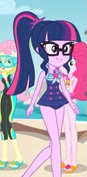 Size: 309x630 | Tagged: safe, screencap, character:fluttershy, character:pinkie pie, character:twilight sparkle, character:twilight sparkle (scitwi), species:eqg human, episode:unsolved selfie mysteries, g4, my little pony:equestria girls, clothing, cropped, feet, female, geode of telekinesis, glasses, magical geodes, ponytail, sandals, smiling, swimsuit
