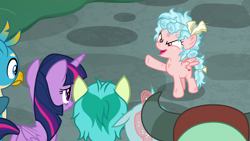 Size: 1280x720 | Tagged: safe, screencap, character:cozy glow, character:gallus, character:ocellus, character:sandbar, character:twilight sparkle, character:twilight sparkle (alicorn), character:yona, species:alicorn, species:changedling, species:changeling, species:griffon, species:pegasus, species:pony, species:reformed changeling, species:yak, episode:school raze, g4, my little pony: friendship is magic, bow, brat, displeased, female, filly, foal, male, mare, messy mane, pointing, stubborn, teenager