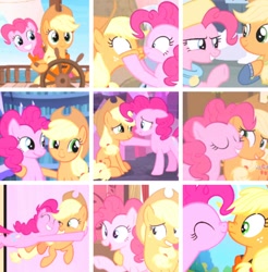 Size: 740x752 | Tagged: safe, editor:lisaloudleijon, screencap, character:applejack, character:pinkie pie, ship:applepie, episode:best gift ever, episode:hearthbreakers, episode:p.p.o.v. (pony point of view), episode:pinkie apple pie, episode:scare master, g4, my little pony: friendship is magic, boop, collage, cropped, cute, duo, face grab, female, lesbian, moodboard, noseboop, shipping
