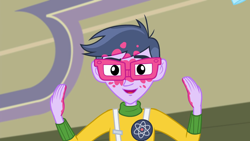 Size: 1280x720 | Tagged: safe, screencap, character:microchips, episode:a banner day, g4, my little pony:equestria girls, clothing, glasses, glitter, male, messy, smiling, solo