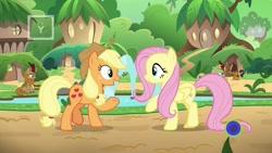 Size: 1920x1080 | Tagged: safe, screencap, character:applejack, character:fern flare, character:fluttershy, species:kirin, species:pony, episode:sounds of silence, g4, my little pony: friendship is magic, kirin village