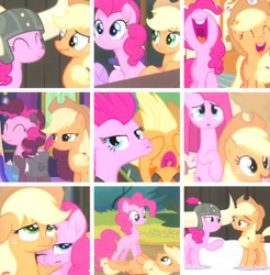 Size: 740x752 | Tagged: safe, editor:lisaloudleijon, screencap, character:applejack, character:pinkamena diane pie, character:pinkie pie, species:pony, ship:applepie, episode:hearthbreakers, episode:magical mystery cure, episode:not asking for trouble, episode:pinkie apple pie, g4, my little pony: friendship is magic, my little pony: the movie (2017), collage, cropped, duckface, female, helmet, honorary yak horns, horned helmet, implied applepie, implied lesbian, implied shipping, lesbian, mare, screaming, shipping, swapped cutie marks, viking helmet