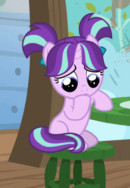 Size: 420x605 | Tagged: safe, screencap, character:starlight glimmer, species:pony, species:unicorn, episode:the crystalling, g4, my little pony: friendship is magic, animated, cropped, cute, female, filly, filly starlight glimmer, frown, gif, glimmy, pigtails, sad, sitting, solo, younger