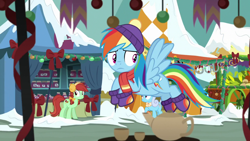 Size: 1280x720 | Tagged: safe, screencap, character:candy apples, character:linky, character:rainbow dash, character:shoeshine, species:earth pony, species:pegasus, species:pony, episode:best gift ever, g4, my little pony: friendship is magic, apple family member, bow, clothing, earmuffs, female, flying, hair bow, hat, mare, market, pigtails, scarf, snow