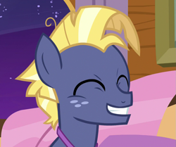 Size: 859x719 | Tagged: safe, screencap, character:star tracker, species:earth pony, species:pony, episode:once upon a zeppelin, g4, my little pony: friendship is magic, cropped, cute, eyes closed, freckles, smiling, solo, trackerbetes