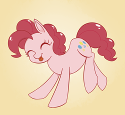 Size: 1660x1530 | Tagged: safe, artist:niteax, character:pinkie pie, blep, cute, diapinkes, eyes closed, female, gradient background, raised leg, silly, simple background, smiling, solo, tongue out, yellow background