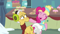 Size: 1280x720 | Tagged: safe, screencap, character:grand pear, character:pinkie pie, species:earth pony, species:pony, episode:best gift ever, g4, my little pony: friendship is magic, clothing, duo, earmuffs, eyes closed, female, hat, male, mare, scarf, stallion