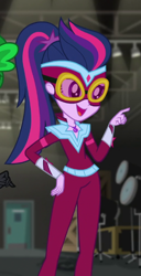 Size: 340x662 | Tagged: safe, screencap, character:masked matter-horn, character:twilight sparkle, character:twilight sparkle (scitwi), species:eqg human, episode:power ponies, equestria girls:movie magic, g4, my little pony: friendship is magic, my little pony:equestria girls, clothing, costume, cropped, female, geode of telekinesis, magical geodes, ponytail