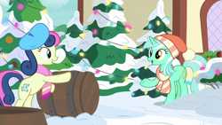 Size: 1280x720 | Tagged: safe, screencap, character:bon bon, character:lyra heartstrings, character:sweetie drops, species:earth pony, species:pony, species:unicorn, episode:best gift ever, g4, my little pony: friendship is magic, barrel, best friends, christmas, christmas tree, clothing, duo, female, hat, holiday, looking at each other, mare, scarf, snow, tree