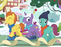 Size: 765x588 | Tagged: safe, screencap, species:earth pony, species:pegasus, species:pony, species:unicorn, episode:best gift ever, g4, my little pony: friendship is magic, autumn leaf, background pony, checklist, clothing, cropped, cutie mark, male, scarf, smiling, trio, trio male, winter outfit