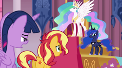 Size: 1920x1080 | Tagged: safe, screencap, character:princess celestia, character:princess luna, character:sunset shimmer, character:twilight sparkle, character:twilight sparkle (alicorn), species:alicorn, species:pony, species:unicorn, equestria girls:forgotten friendship, g4, my little pony:equestria girls, angry, apologetic, apology, begging, dialogue, glare, hoof shoes, intimidating, plot, remorse, reunion, scared, the prodigal sunset, throne, twilight is not amused, unamused