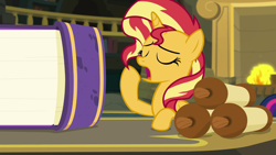 Size: 1920x1080 | Tagged: safe, screencap, character:sunset shimmer, species:pony, equestria girls:forgotten friendship, g4, my little pony:equestria girls, book, female, fireplace, impossibly large book, mare, scroll, solo, yawn