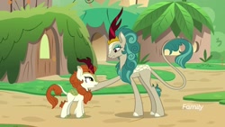 Size: 1920x1080 | Tagged: safe, screencap, character:autumn blaze, character:rain shine, species:kirin, episode:sounds of silence, g4, my little pony: friendship is magic, duo, female, height difference, smiling