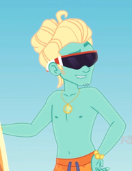 Size: 496x644 | Tagged: safe, screencap, character:zephyr breeze, episode:blue crushed (a.k.a baewatch), g4, my little pony:equestria girls, arms, bare arms, bare chest, clothing, cropped, jewelry, male, necklace, partial nudity, solo, sunglasses, topless, zephyr's necklace