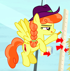 Size: 512x520 | Tagged: safe, screencap, species:pegasus, species:pony, episode:appleoosa's most wanted, g4, my little pony: friendship is magic, arrow, braid, clothing, cowboy hat, cropped, female, flying, hat, mare, narrowed eyes, record high, solo, tongue out