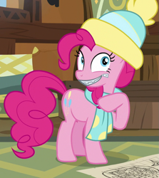 Size: 629x705 | Tagged: safe, screencap, character:pinkie pie, species:earth pony, species:pony, episode:best gift ever, g4, my little pony: friendship is magic, clothing, creepy, cropped, female, hat, looking at you, mare, pinkie being pinkie, scarf, smiling, solo, toque, wat, wide eyes, zipper, zippermouth
