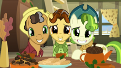 Size: 1280x720 | Tagged: safe, screencap, character:butternut, character:oak nut, character:pistachio, species:earth pony, species:pony, episode:best gift ever, g4, my little pony: friendship is magic, acorn, acorn family, clothing, cute, female, hat, ladder, looking at you, male, mare, pistachiaww, smiling, stallion, sweet acorn orchard, teenager, trio