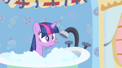 Size: 1360x768 | Tagged: safe, screencap, character:twilight sparkle, character:twilight sparkle (unicorn), species:pony, species:unicorn, episode:feeling pinkie keen, g4, my little pony: friendship is magic, amused, bath, bathing, bathroom, bubble, female, mare, restroom, shower, solo, wet mane