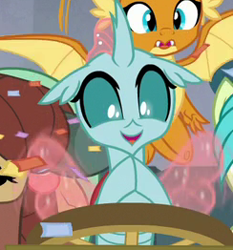 Size: 244x262 | Tagged: safe, screencap, character:ocellus, character:smolder, character:yona, species:changedling, species:changeling, species:dragon, species:reformed changeling, episode:school daze, g4, my little pony: friendship is magic, cropped, cute, diaocelles, dragoness, female, offscreen character, picture for breezies, smiling, solo focus, wings